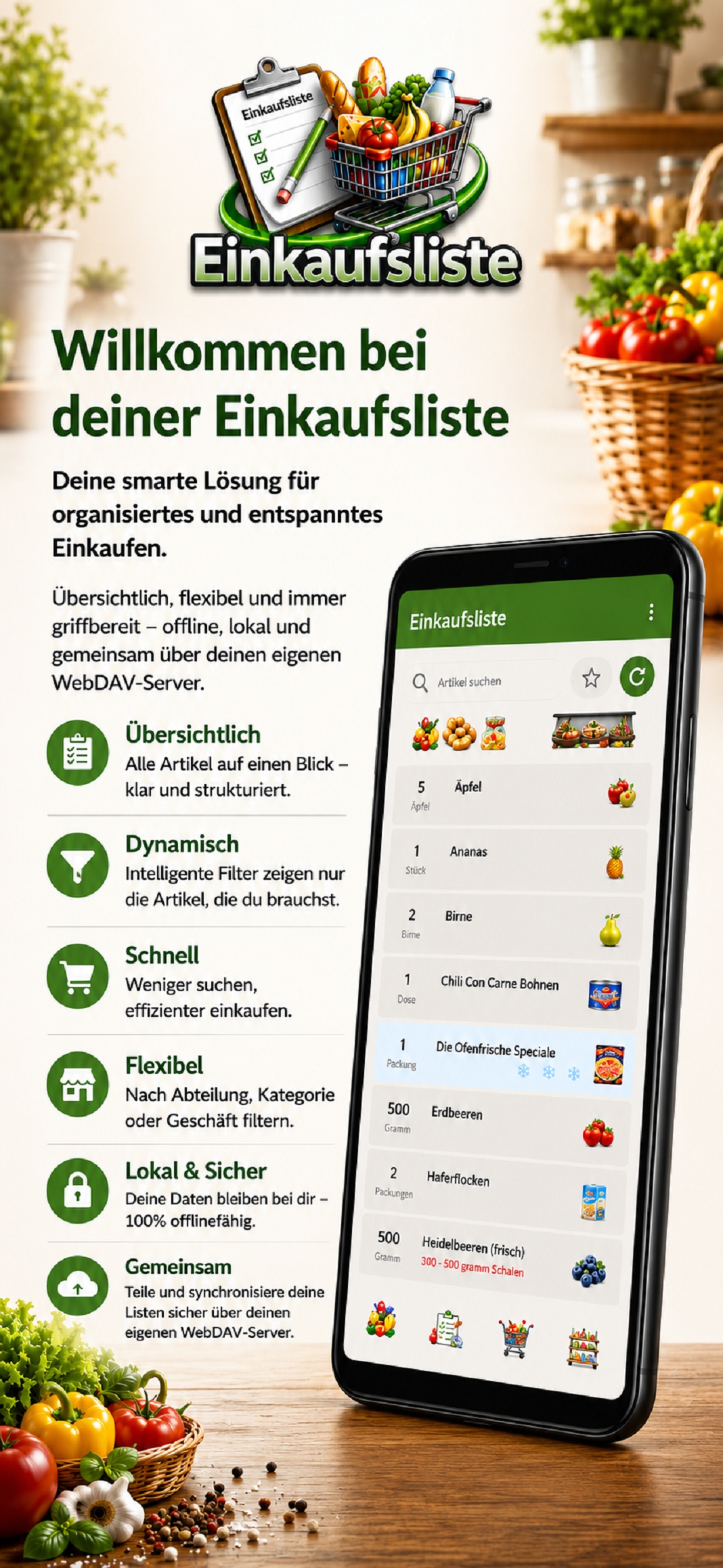 Screenshot der MiMaNex Einkaufsliste mit Artikelübersicht